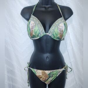 Victoria’s Secret Push-Up Bikini Set Tropical Leaf Print 36C/M Rare Y2K Swim